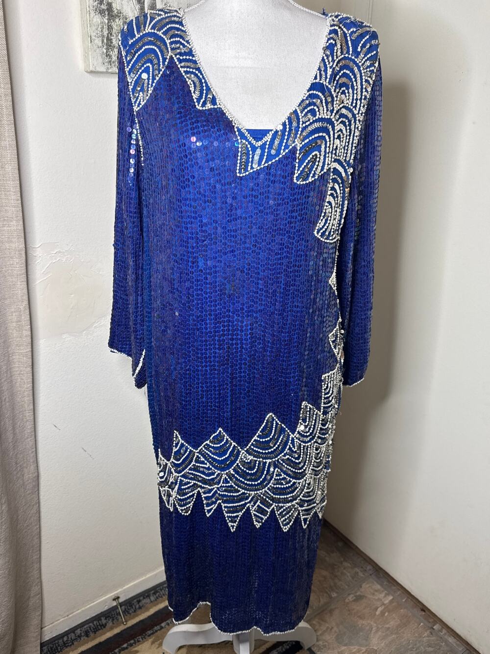 80s does 20s Gatsby Party Dress- Avant Garde 100% Silk Sequined Blue Midi read